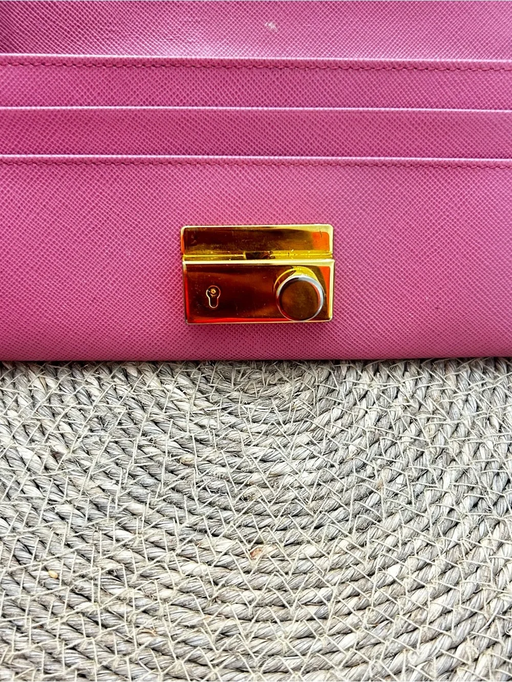 Prada Pink Saffiano Leather Wallet with Gold Lock